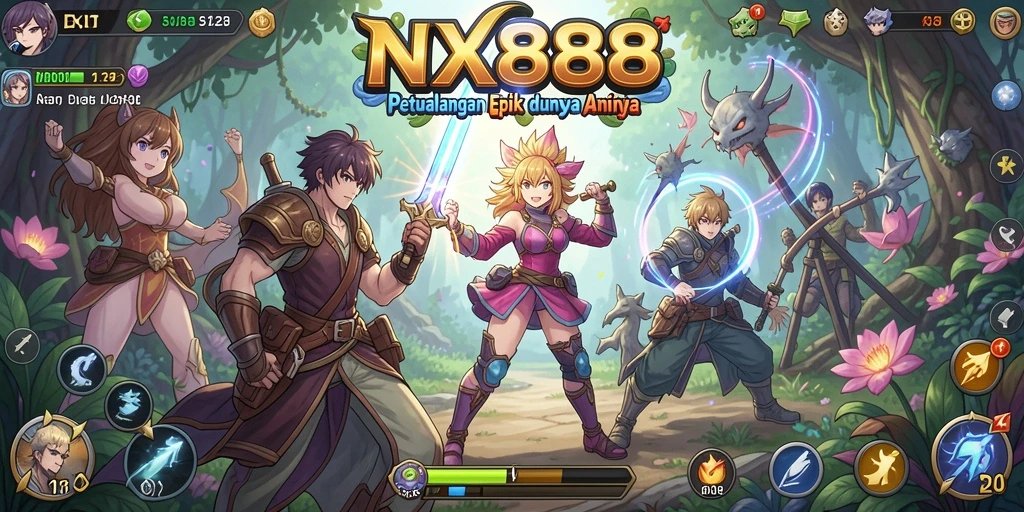 Screenshot gameplay NX888 menunjukkan pertarungan seru dengan karakter Anime.