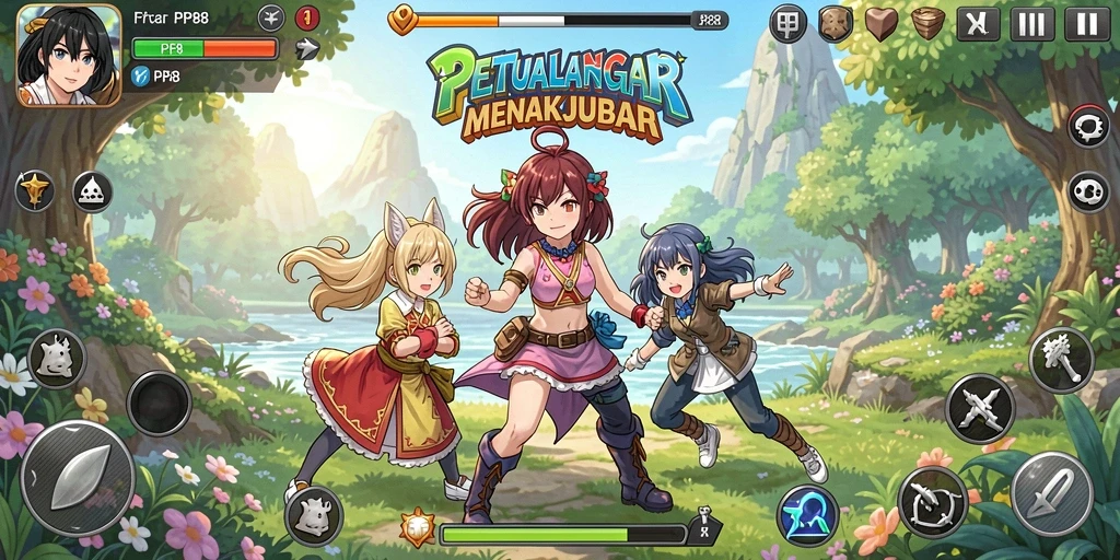 Screenshot gameplay PP88 menampilkan pertarungan karakter anime yang epik.