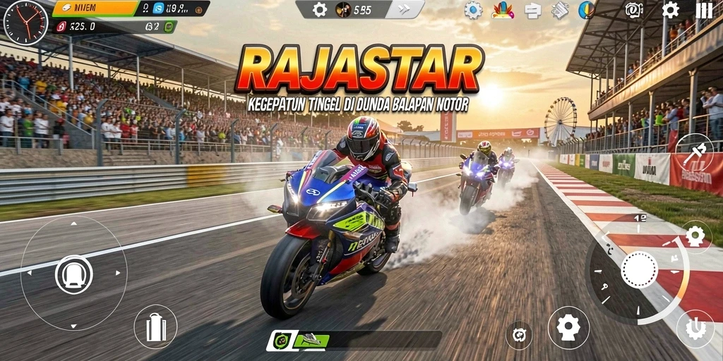 Screenshot gameplay RAJASTAR menampilkan aksi balapan motor yang mendebarkan.