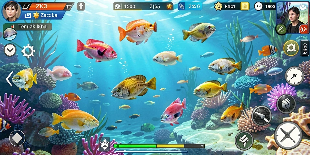 Screenshot ZK3 menampilkan aksi seru menembak ikan di bawah laut.